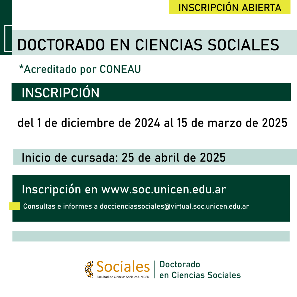 Flyer inscripción Doctorado en Ciencias Sociales FACSO/UNICEN